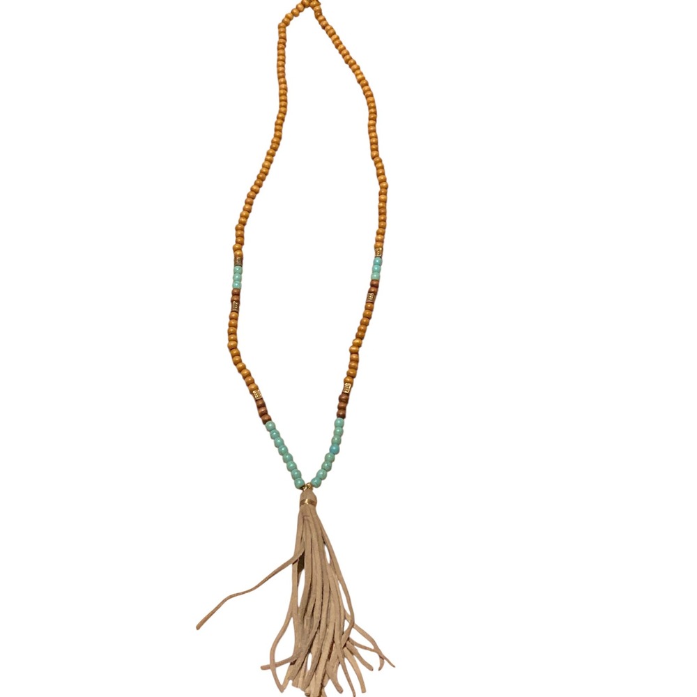 Boho Wood and Turquoise Bead Tassel Necklace Gold Tone Long Southwestern Style